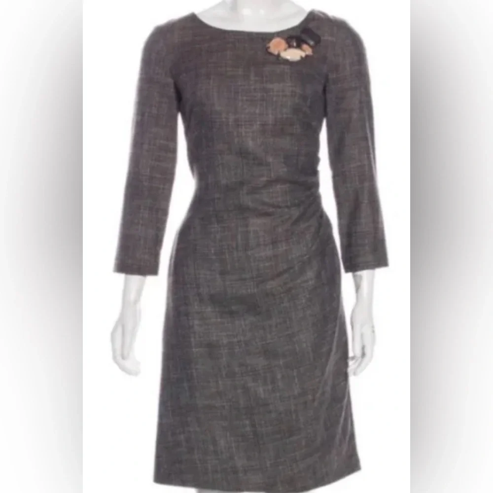 Piazza Sempione Wool Viscose Jeweled Shoulder Brown Gray Plaid Sheath Dress 40/4